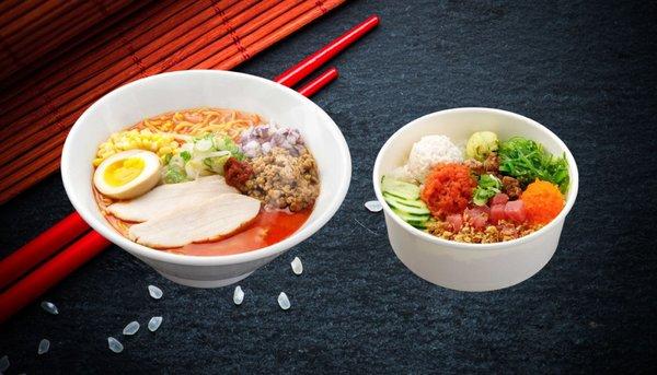 Red Spicy Miso Chicken Ramen and Triple Tuna Poke Bowl.