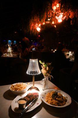 Steak frites and porcini risotto