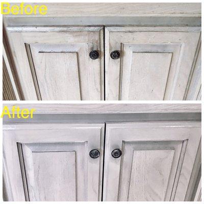 Greasy handles area can get cleaned up, worn areas re-stained, and a new protective top coat put over everything.