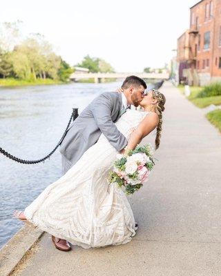 Wedding dress bustled.