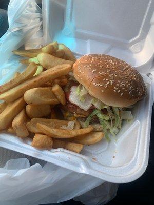 Bacon cheese burger and fries $7.59