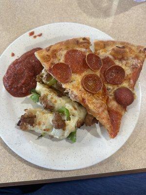 Pizza, Sausage & green pepper cheesy bread, & marinara sauce.