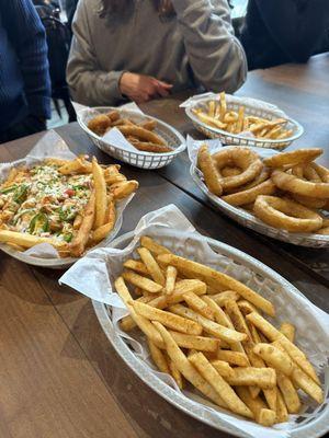 Fries, cheesy fries, onion rings