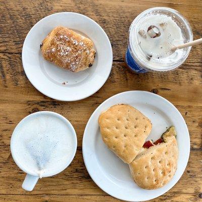 Pain Au Chocolat, Cold Foam Cold Brew, Chicken Caprese Sandwich, and London Fog