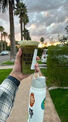 Iced matcha with 2 shots of espresso and oat milk.