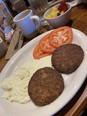 Impossible sausage, egg white, tomatoes