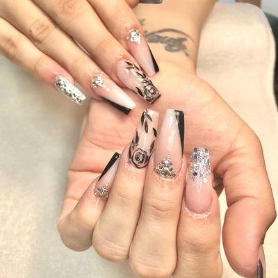 Nude acrylic color full set with gel designs and gemstone