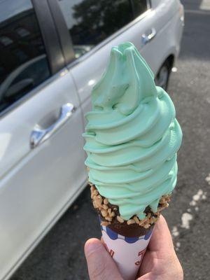 Soft serve pistachio in a chocolate dipped cone with peanuts