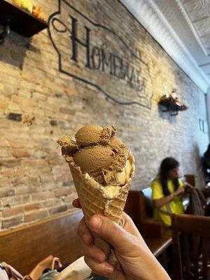 Nut toffee and coffee ice cream waffle cone