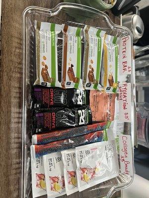 Our protein bars, CR7 (for hydration), H3O (for hydration), and collagen beauty booster packets