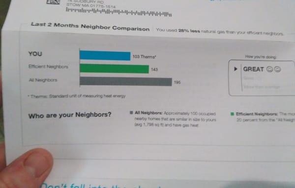 One of our recent customers electric bill showing that they are now more efficient than the "efficient" neighbors!