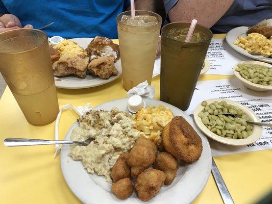 Chicken casserole, Mac and cheese, fried cauliflower, butter beans.