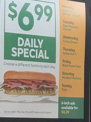 Sub of the Day specials (menu photo)