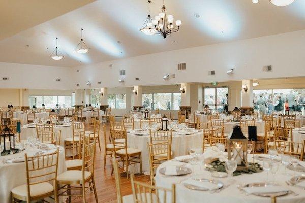 Dining room set up for a wedding reception.