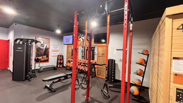 Free weights, rack, and cable machines