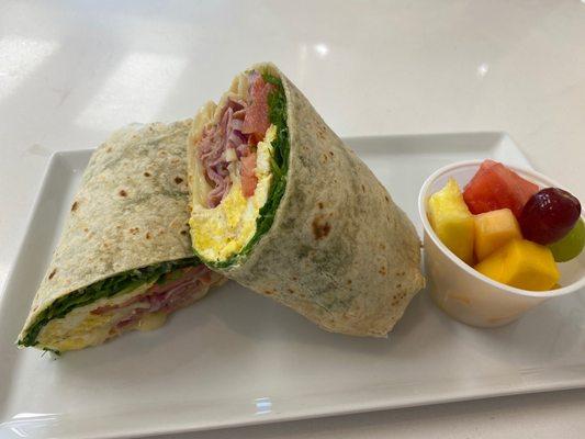 Breakfast wrap with ham. Delicious!! The fruit salad was great as well. Even had mango which I love.