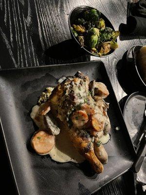 Blaze Stuffed Chicken with Fingerling Potatoes and Brussel sprouts