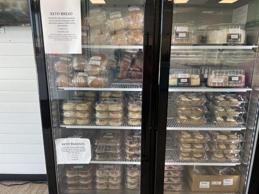 Freezer fresh items like cakes, 1/2 cakes, loaves of keto bread, doughnuts