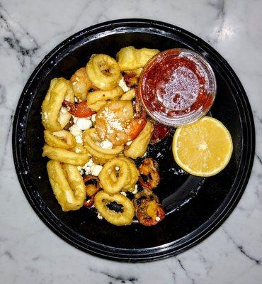 FRITO MISTO: Calamari w/ shrimp, cherry peppers, goat cheese. $16