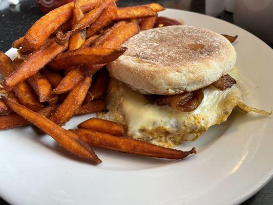 Breakfast sandwich with Sweet Potato Fries