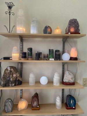 Aesthetic display of crystals and rocks.