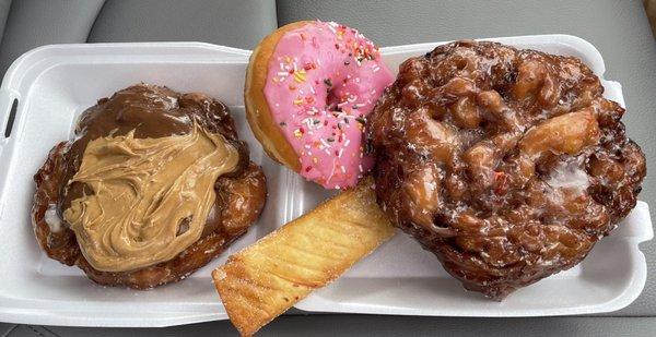 Chocolate peanut butter fritter, sprinkle donut, donut taquito & blackberry fritter