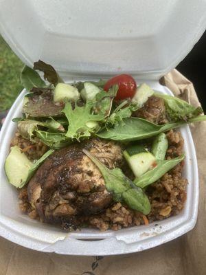 Small size: Jerk Chicken with fried rice and some mixed greens. $10+ ( Does not include drink)