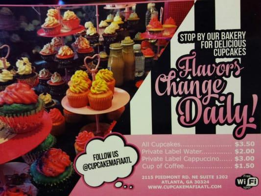 Cupcake and beverage prices