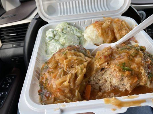 Stuffed cabbage (2), potatoes with gravy and cucumber salad. Big enough for 2.  One of the best stuffed cabbages I had ever.