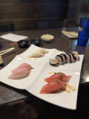 Super white tuna, garlic tuna, yellowtail nigiri & salmon classic roll