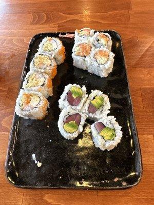 Crunch roll, avocado tuna, spicy salmon roll (each roll came with 6, I ate some)