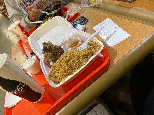 Regular Sized Dried Rice with Fish and African Yogurt with a Medium Lemonade