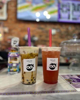 Brown sugar milk tea and strawberry tea no boba