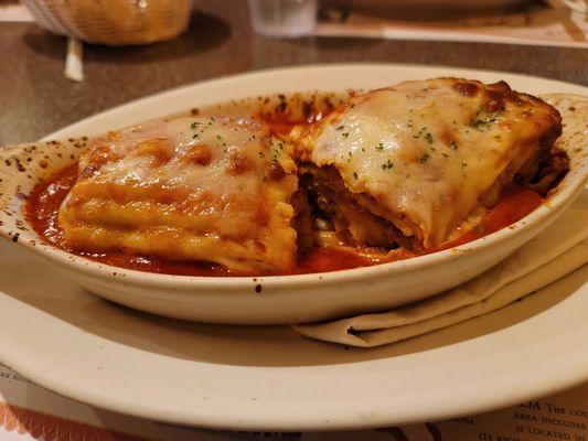 Lasagna, cut to show layers.