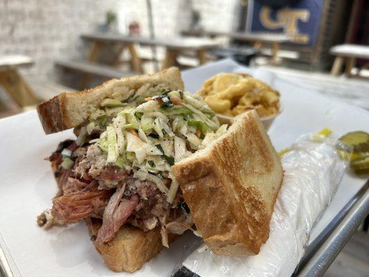 Pulled Pork Sandwich with Coleslaw and a side of Mac