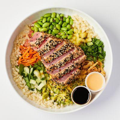 Seared Tuna Poke Bowl with brown rice, quinoa or cauliflower rice!