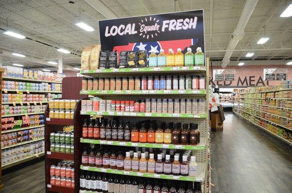 This endcap shows off the locally produced grocery items that we carry!