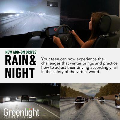 Introducing our Rain and Night Add-On Package! Your teen can experience challenges like hydroplaning in the safety of our simulator.