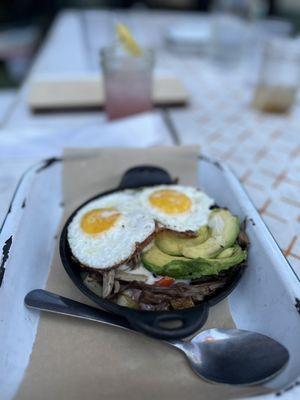 Brisket skillet hash.  The brisket was dry and the dish was very bland.  Need some seasoning.