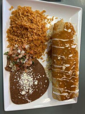 Chicken Chimichanga plate with rice and beans. Yea...you want this.