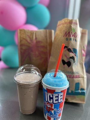 Chocolate shake and blue raspberry Icee