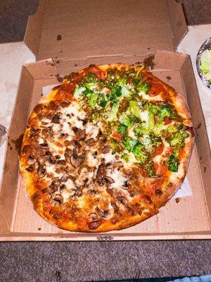 Medium 11" pizza with mushrooms, sausage, green peppers, broccoli and pepperoni