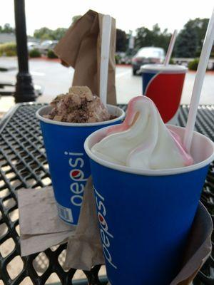 Strawberry vanilla soft serve and a cookie dough ice cream