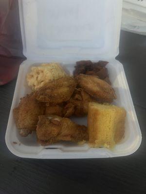 Fried chicken, yams, Mac and cheese and corn bread