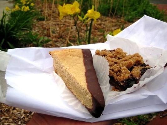 Chocolate dipped shortbread and raspberry crumb square