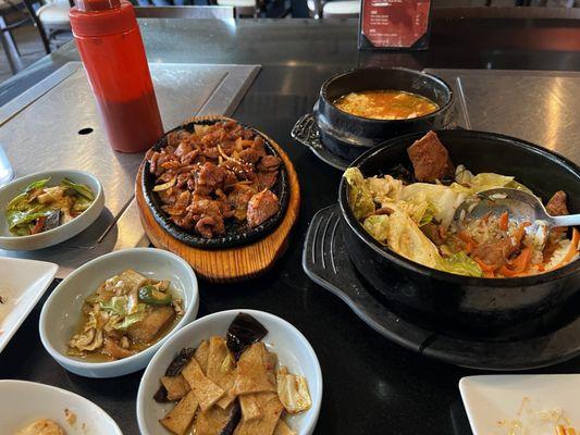 Spicy pork combo with bibimbap and tofu stew