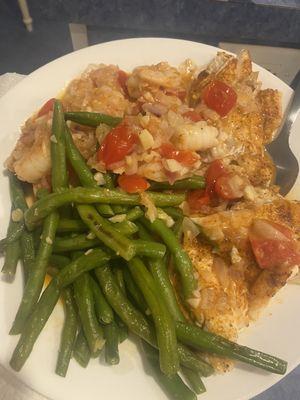 Shrimp and broiled flounder with green beans.  The seafood received a nice coating of Old Bay but all enjoyed garlic and Kerrygold butter.