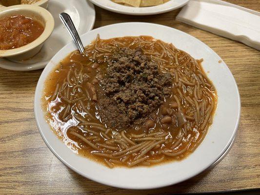 Large bowl of fideo soup with picadillo