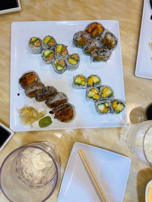 Vegetable Tempura, Mango Avocado Roll, Peanut Avocado Roll, Sweet Potato Roll