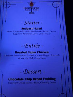 Dinner show menu